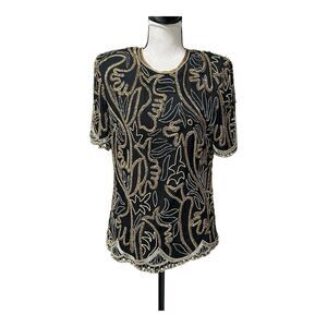Vintage Lawrence Kazar Black Beaded Silk Top | Gold Silver Embellished | Size L